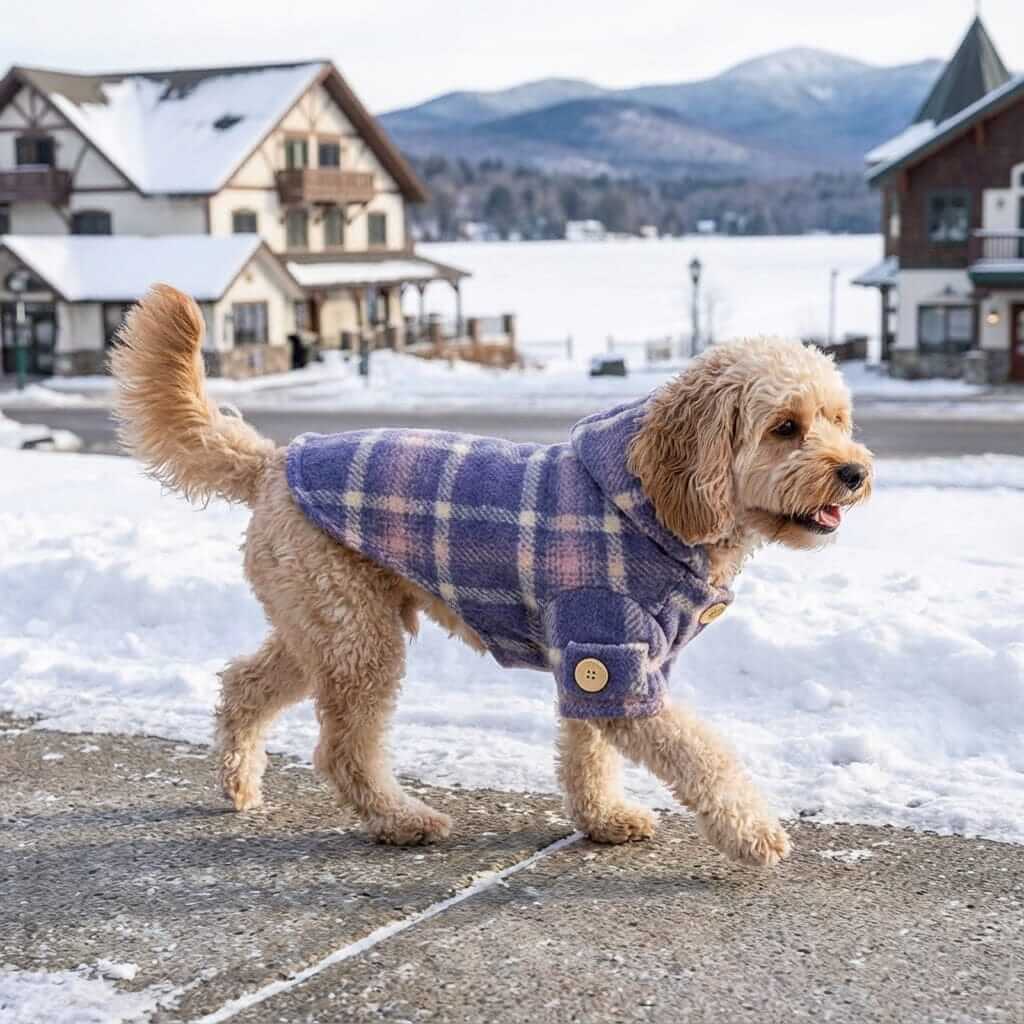 Furtastic Hooded Plaid Dog Coat on a dog walking in snow; features lightweight, breathable fabric for comfort; Dogs & Cats brand.