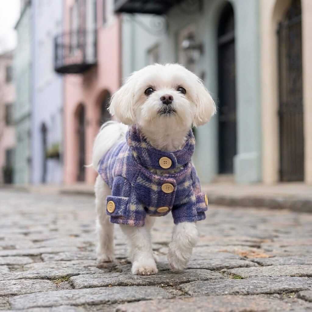 Furtastic Hooded Plaid Dog Coat on a small white dog walking outdoors, showcasing breathable fabric and button details from Dogs & Cats.