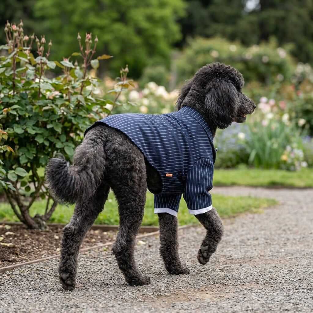 Gentle-Dog Striped Suit on a dog in a garden, featuring a jacket shirt and tie, by Dogs & Cats.