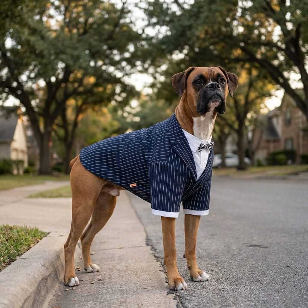 Gentle-Dog Striped Suit on a Boxer dog, featuring a stylish jacket, shirt, and tie from Dogs & Cats brand.