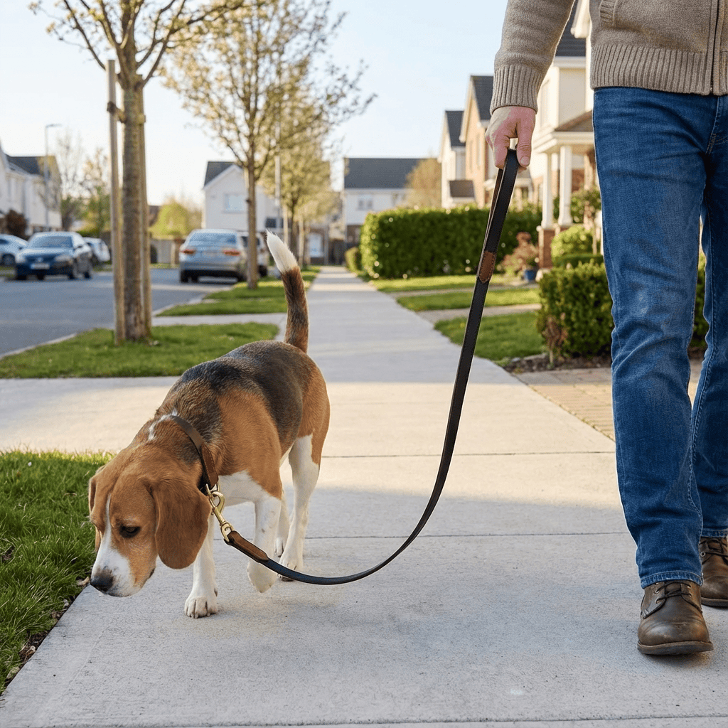 Person walking a Beagle with a Genuine Leather Dog Leash - Strong & Durable on a sidewalk.