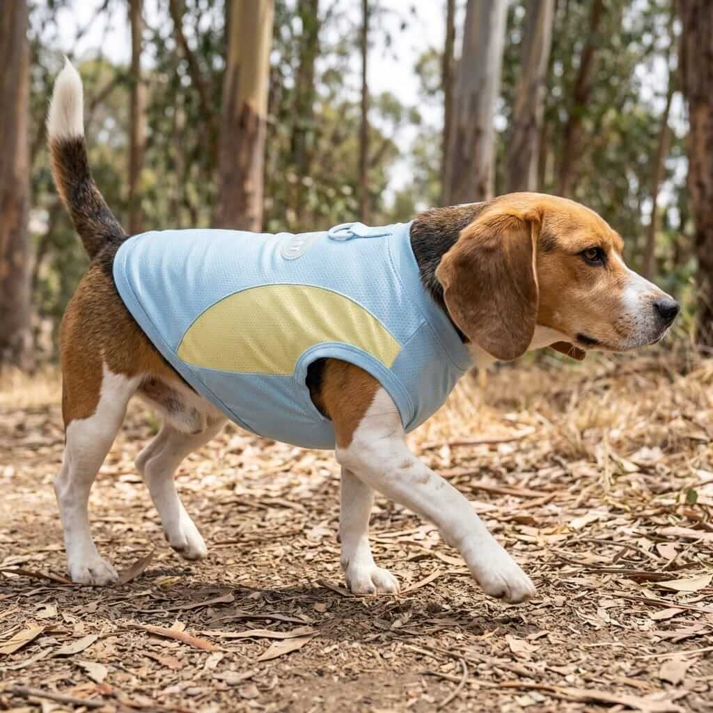 Beagle wearing Glacier Cooling Dog Vest for summer comfort and breathability in warm weather outdoors.