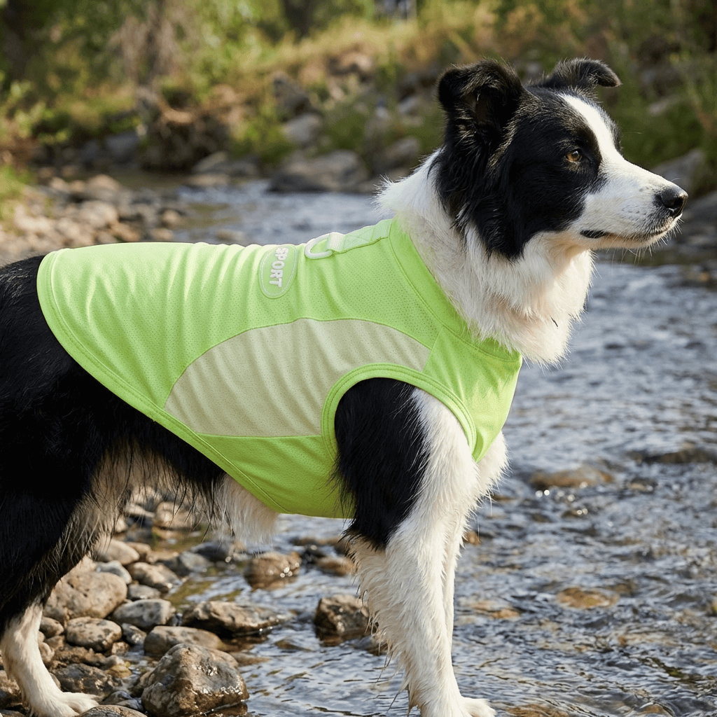 Glacier Cooling Dog Vest on a border collie, lightweight, breathable, keeps dogs cool during warm weather.