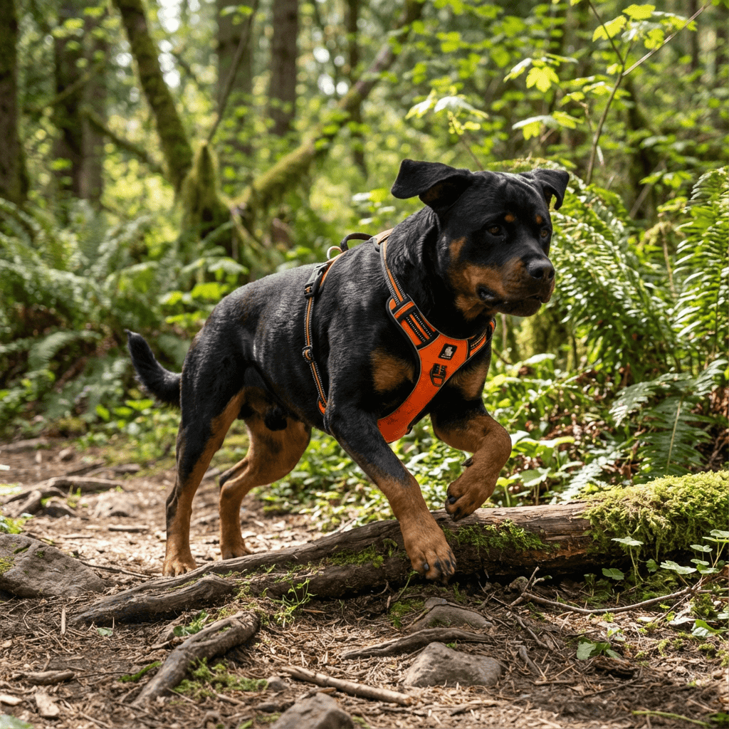 GlowGuard No-Pull Dog Harness on an active Rottweiler running in the woods, showcasing comfort and visibility.