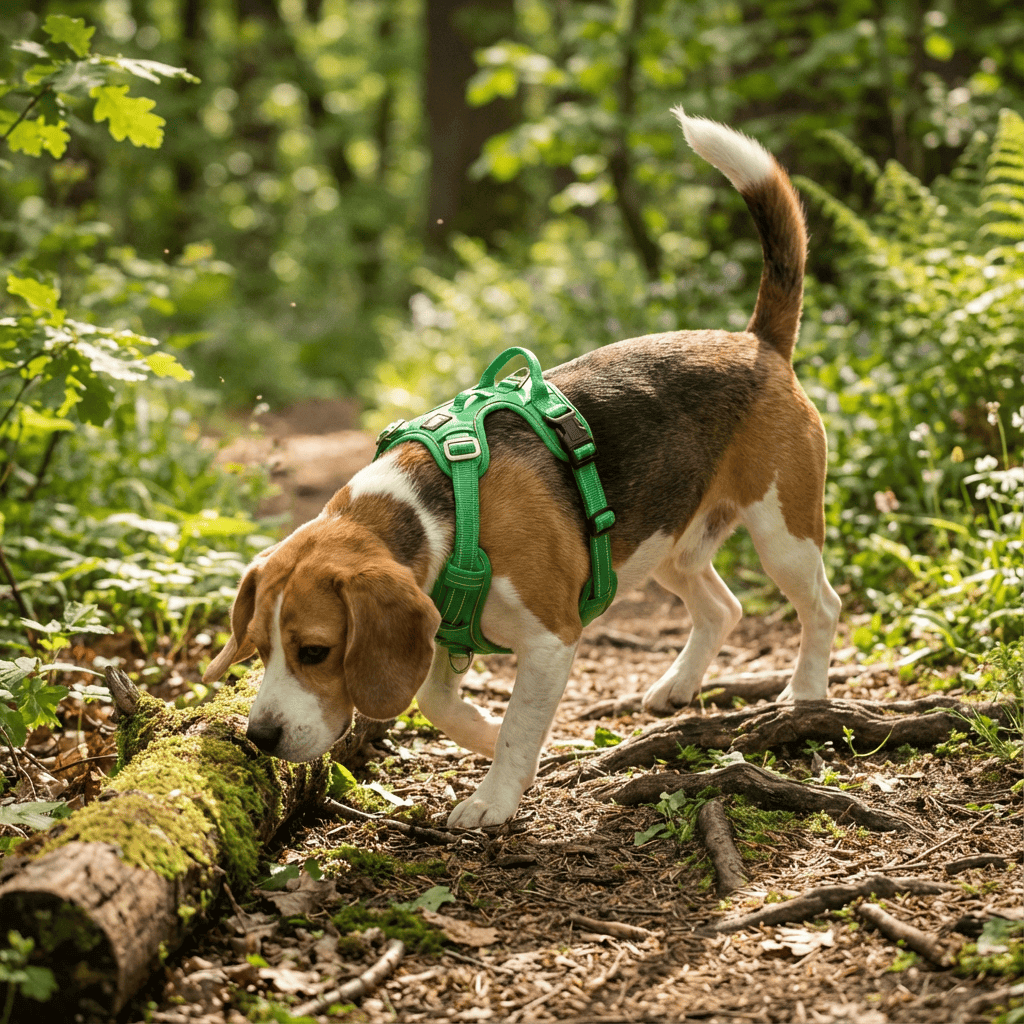 Beagle wearing the GlowGuard No-Pull Dog Harness exploring the woods, designed for comfort and visibility.