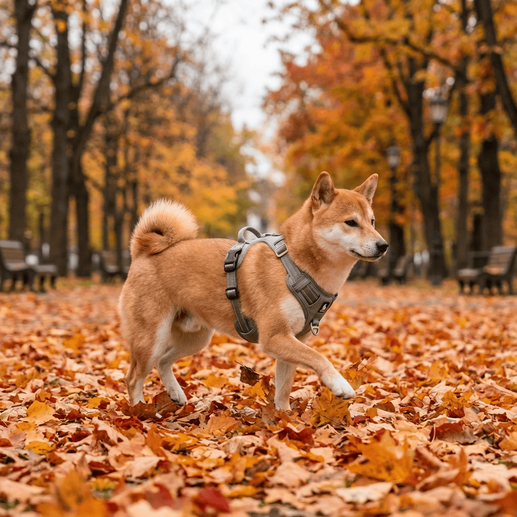 GlowGuard No-Pull Dog Harness on a Shiba Inu walking through autumn leaves in a park.