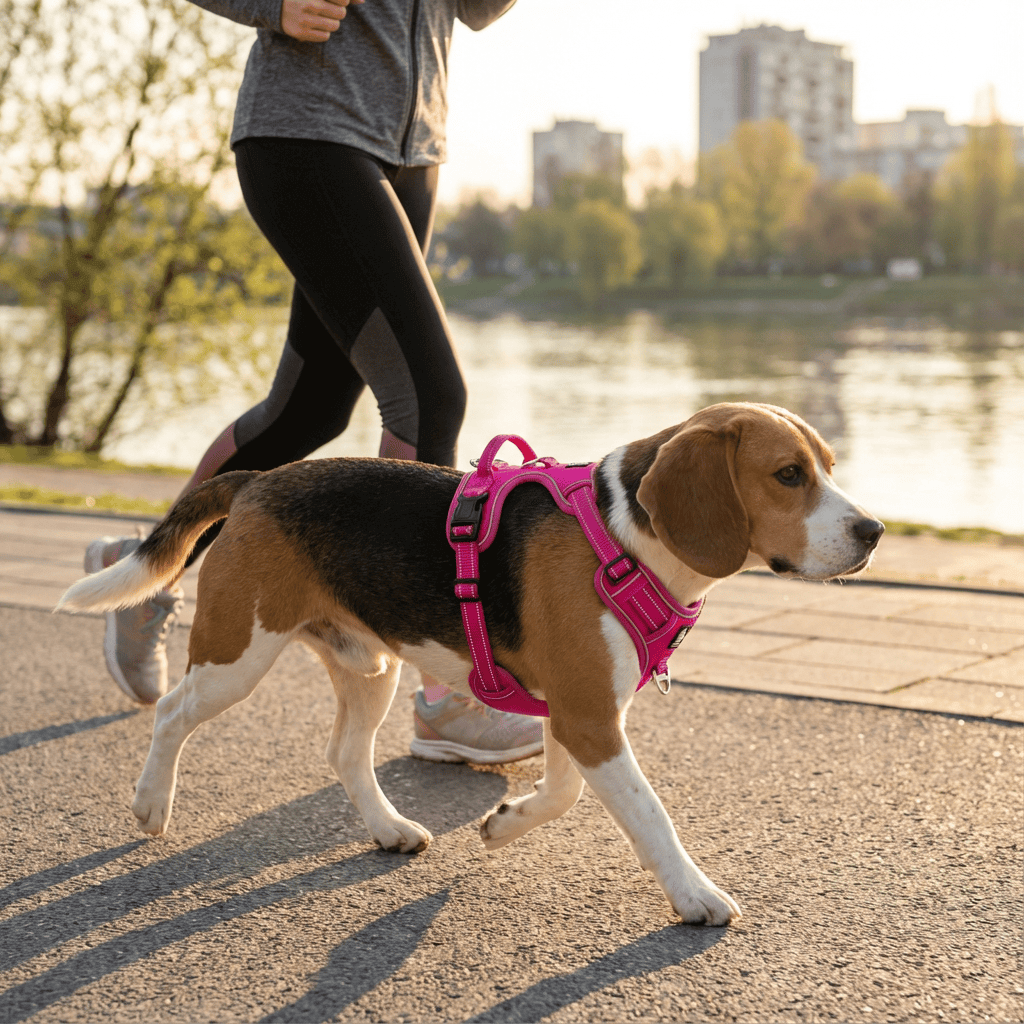 GlowGuard No-Pull Dog Harness for medium & large dogs, breathable nylon, reflective stitching for safety.