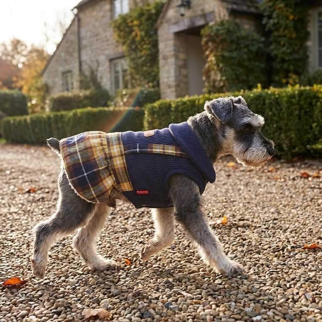 Going To College Plaid Dog Sweater Skirt on a schnauzer walking outside, featuring a plaid pattern and comfortable fit.