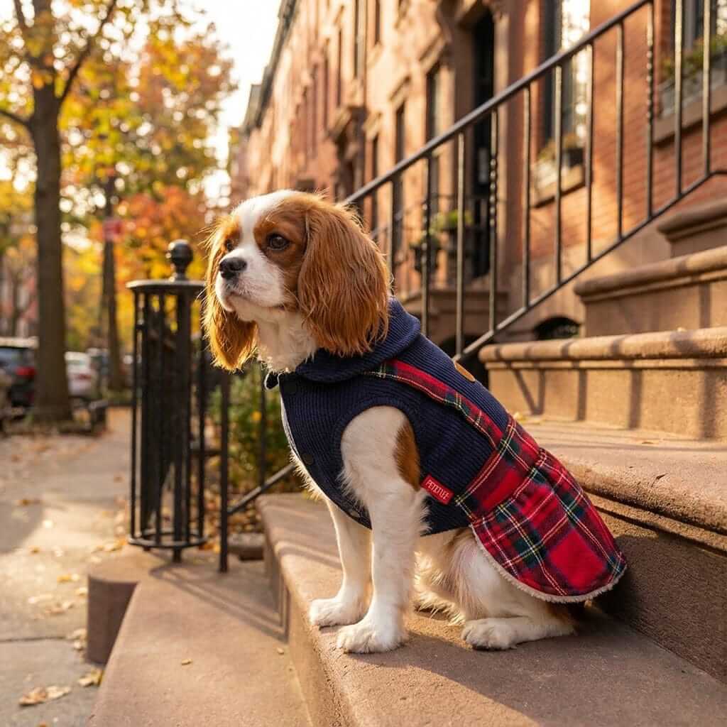 Going To College Plaid Dog Sweater Skirt on a cute dog, featuring breathable fabric and a stylish plaid pattern.