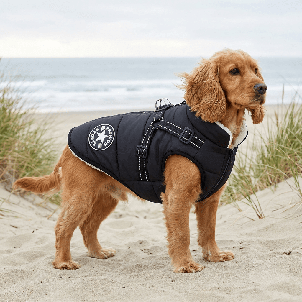 Golden Retriever Quilted Coat for Dogs & Cats, stylish warm coat with quilted design and adjustable straps.