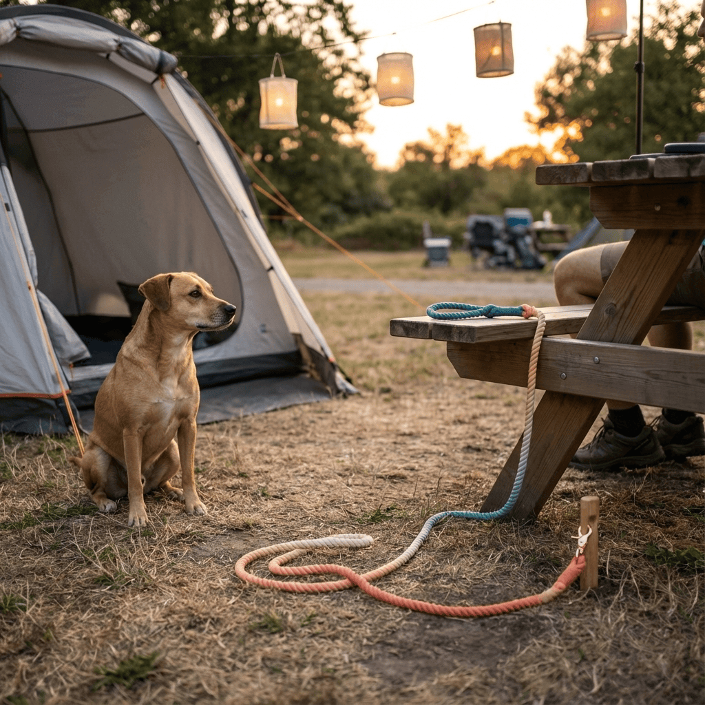 Gradient Hand-Dyed Cotton Dog Leash showcased at a campsite with a dog, perfect for stylish outdoor activities.