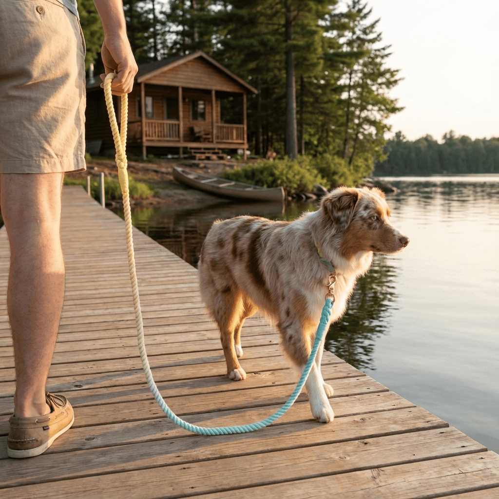 Gradient Hand-Dyed Cotton Dog Leash in use during a tranquil lakeside walk with a dog.