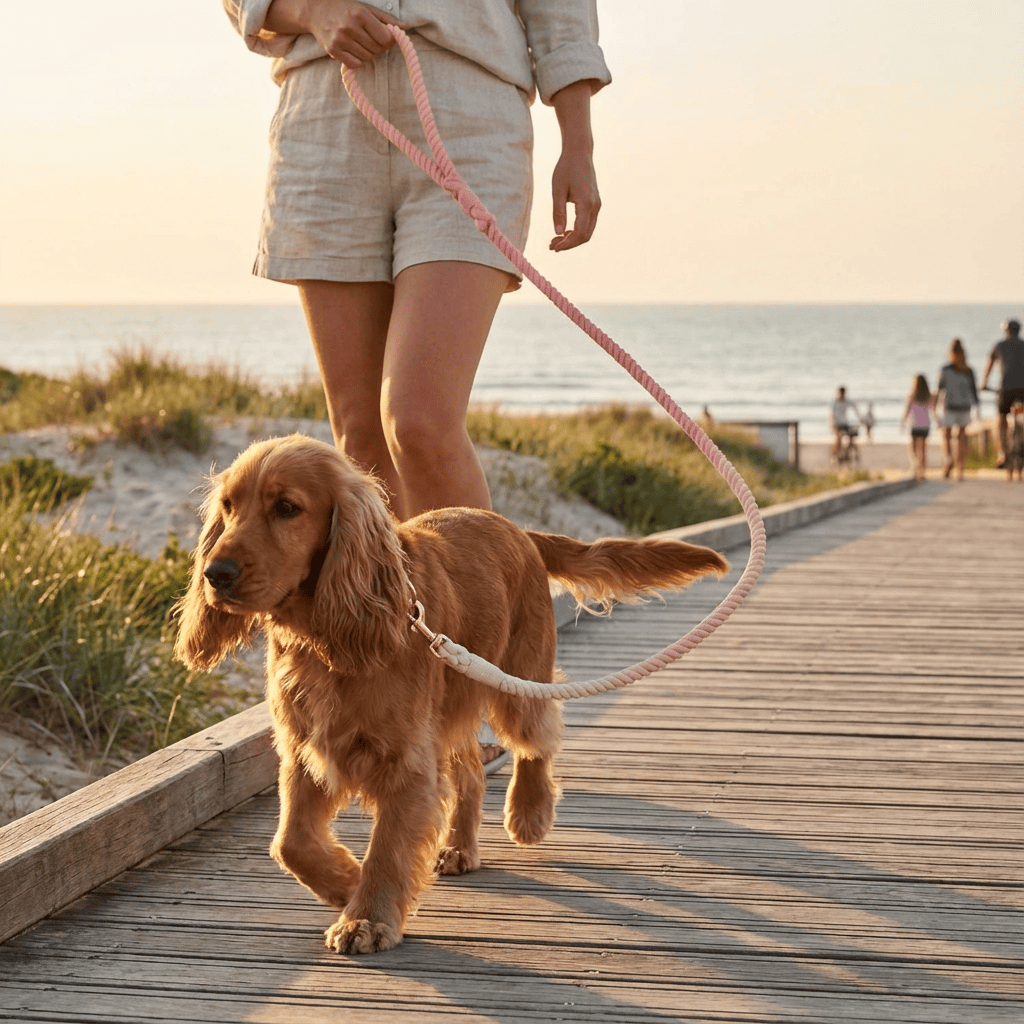 Gradient Hand-Dyed Cotton Dog Leash being used by a person walking a dog on a scenic boardwalk.