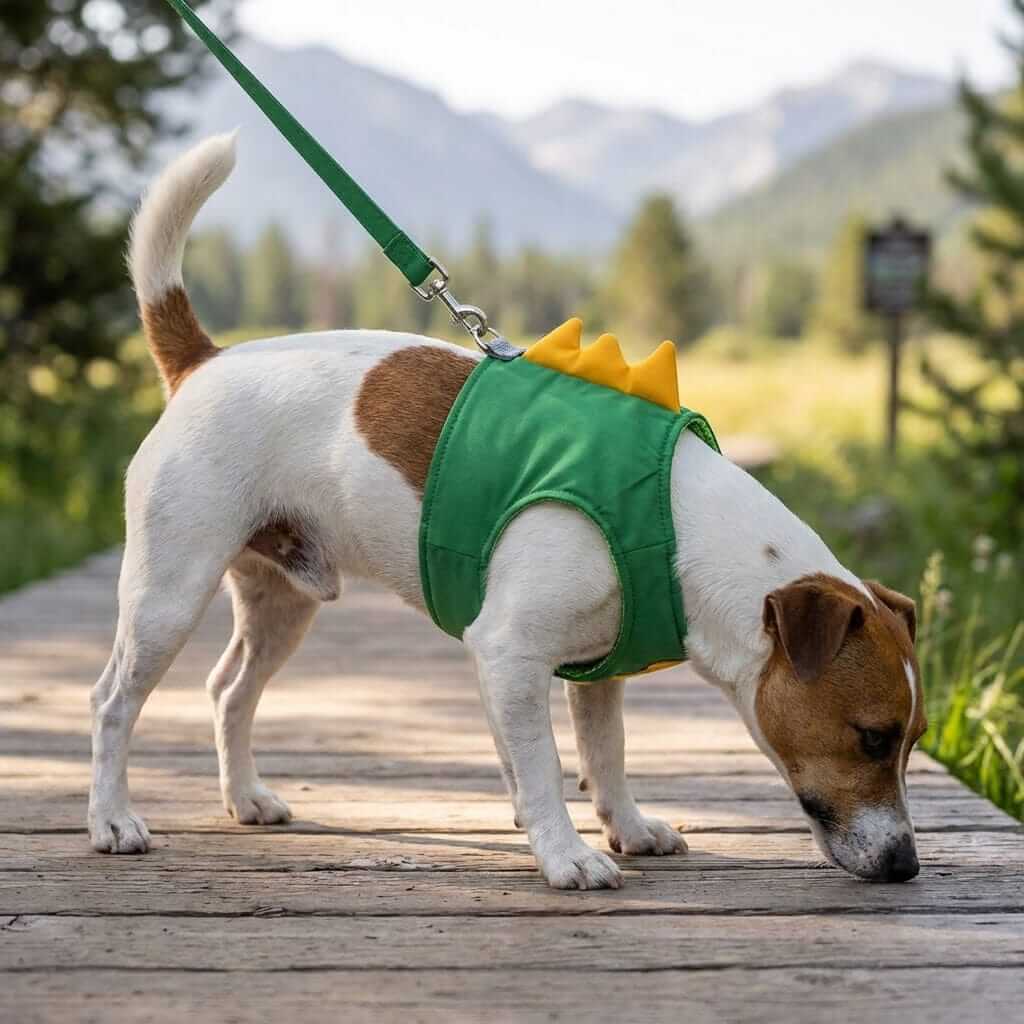 Dog wearing Green Dino Puppy Harness Set with soft padding and adjustable straps in outdoor setting.
