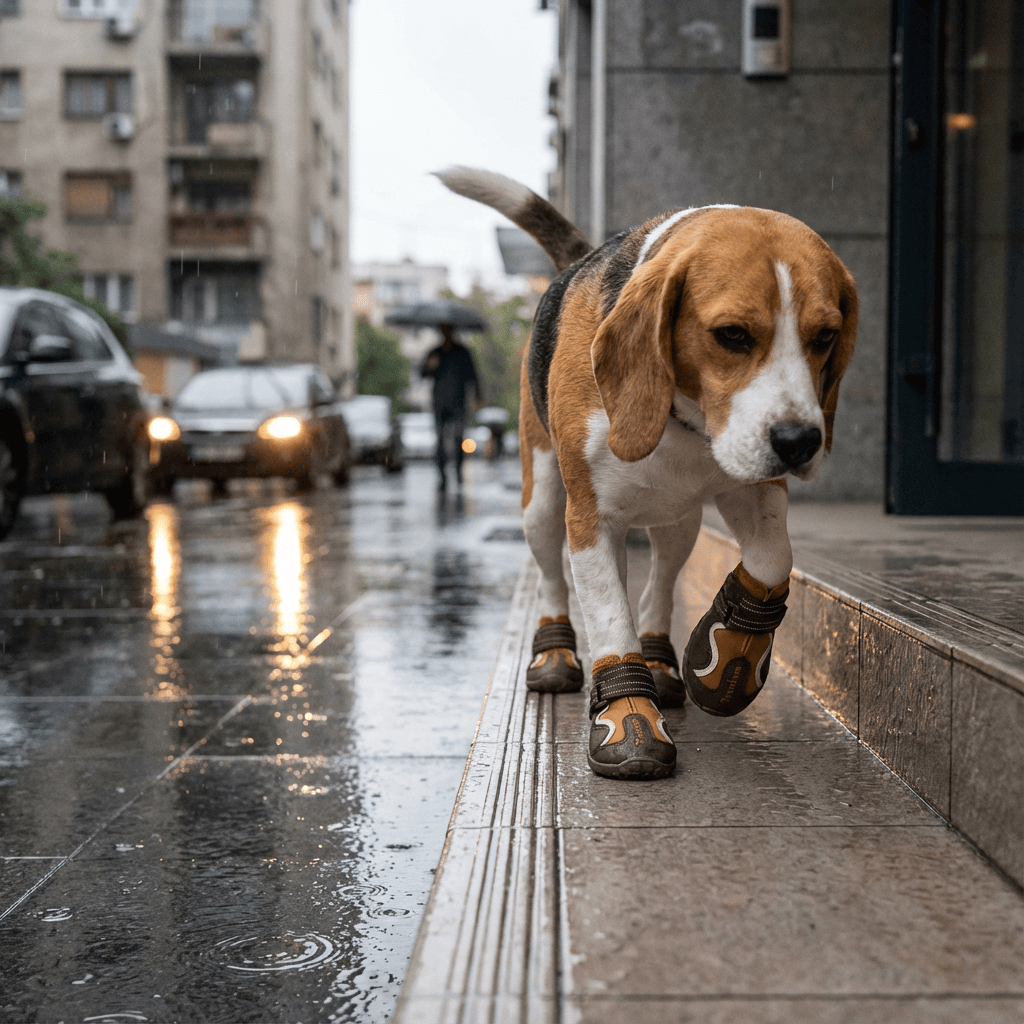 GripGuard Dog Shoes on a beagle walking in rain, featuring durable soles and non-slip design for traction and comfort.