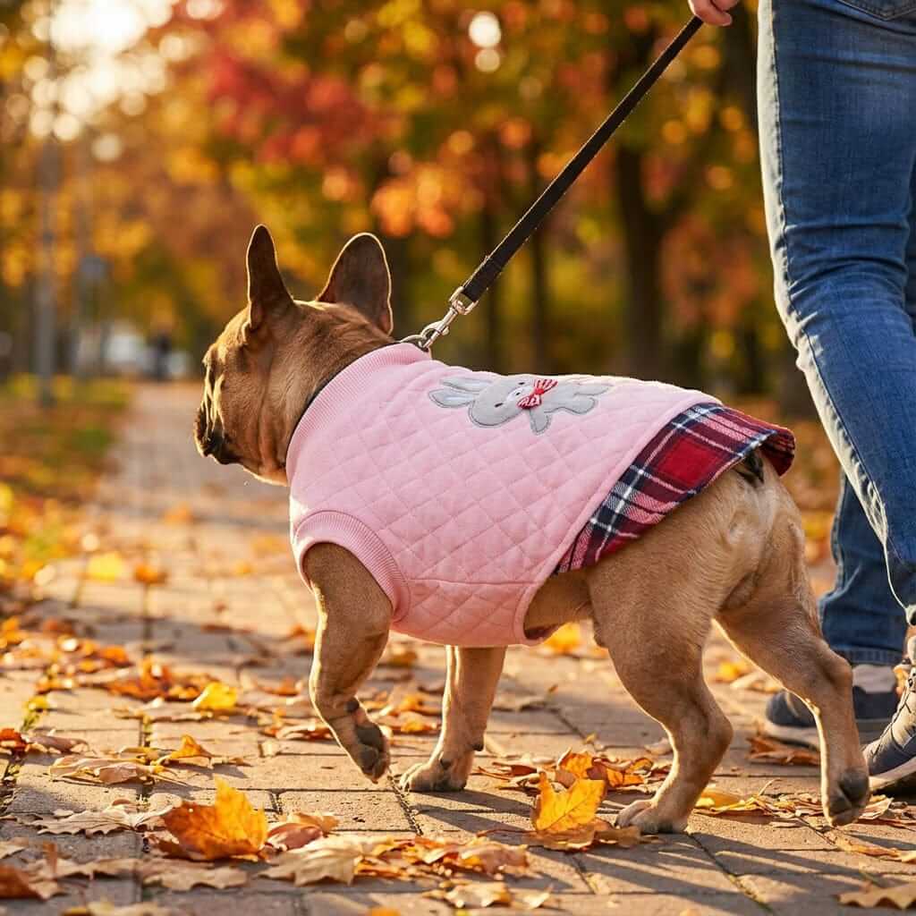 Grr And Purr Two-legged Dog Sweater on a dog, showcasing its bunny motif and lightweight design for comfort.