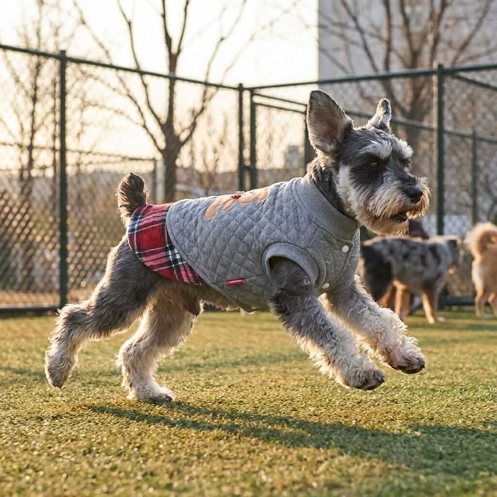 Grr And Purr Two-legged Dog Sweater on a Schnauzer running in a park, featuring breathable fabric and lightweight feel.