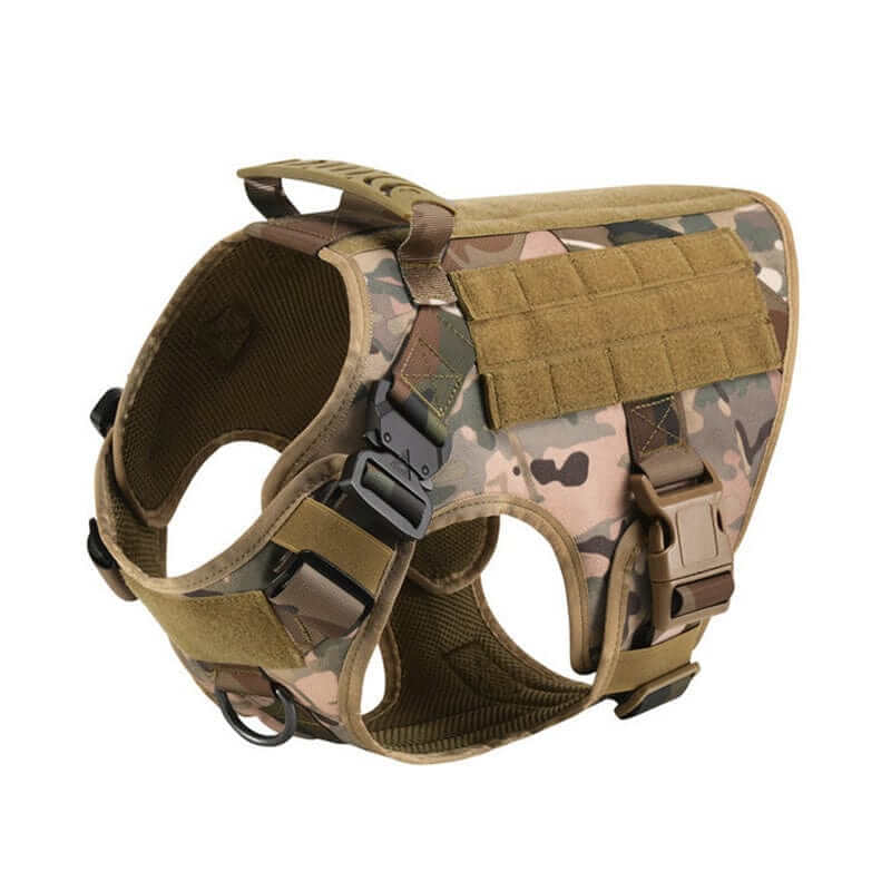 GuardianGear Tactical Dog Harness Vest in camo with adjustable straps for large dogs, perfect for outdoor activities.