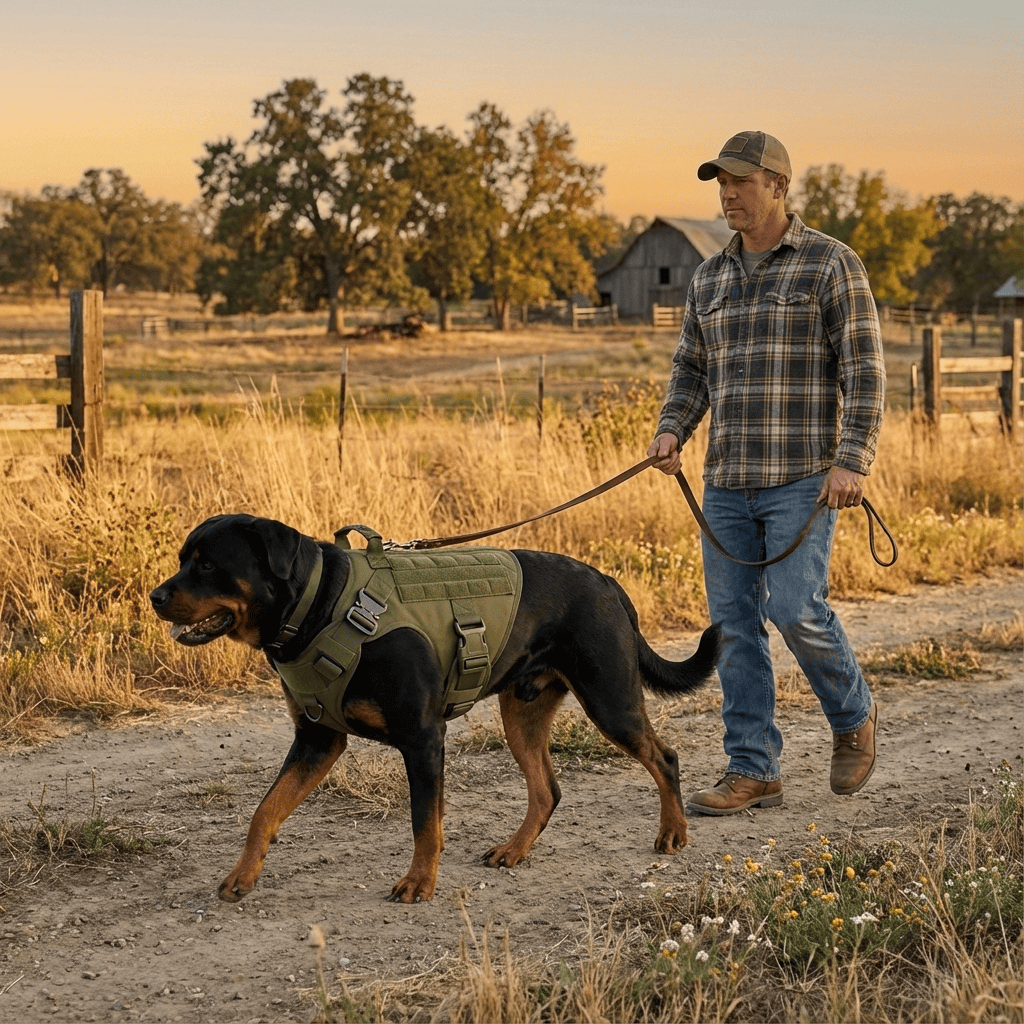 GuardianGear Tactical Dog Harness Vest on Rottweiler during outdoor walk with owner in rustic setting.
