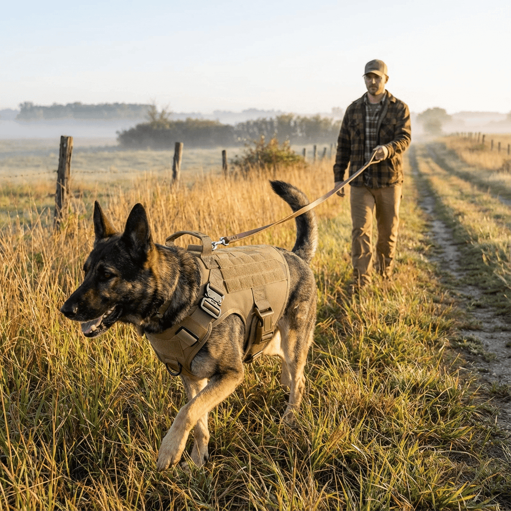 GuardianGear Tactical Dog Harness Vest on a large dog walking through a field with a man in the early morning.