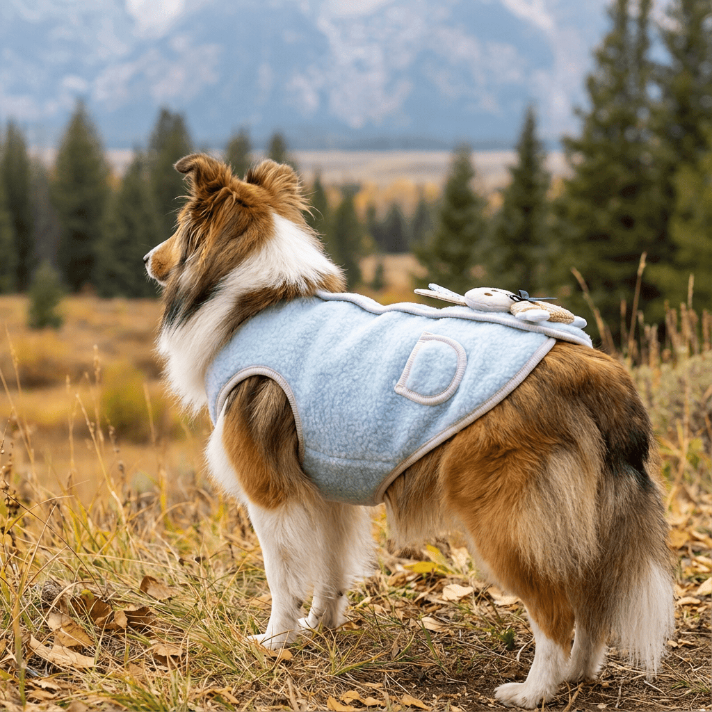 Happy Bunny Dog Teddy Warm Vest on a dog in a scenic outdoor setting, showcasing its breathable fabric and cozy design.