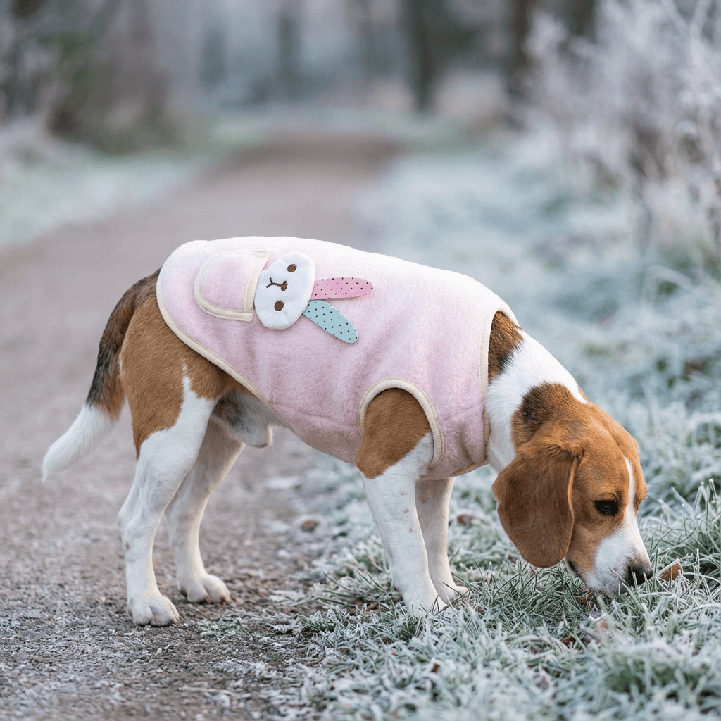 Happy Bunny Dog Teddy Warm Vest on a beagle, breathable fabric, warm comfort for dogs, designed by Dogs & Cats.