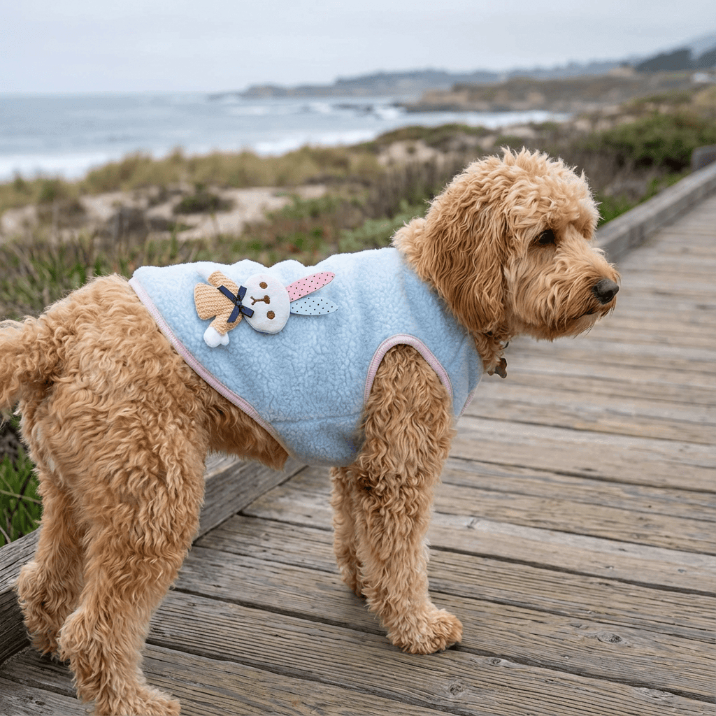 Happy Bunny Dog Teddy Warm Vest on a fluffy dog by the beach, featuring breathable, soft fabric and cozy, two-legged design.