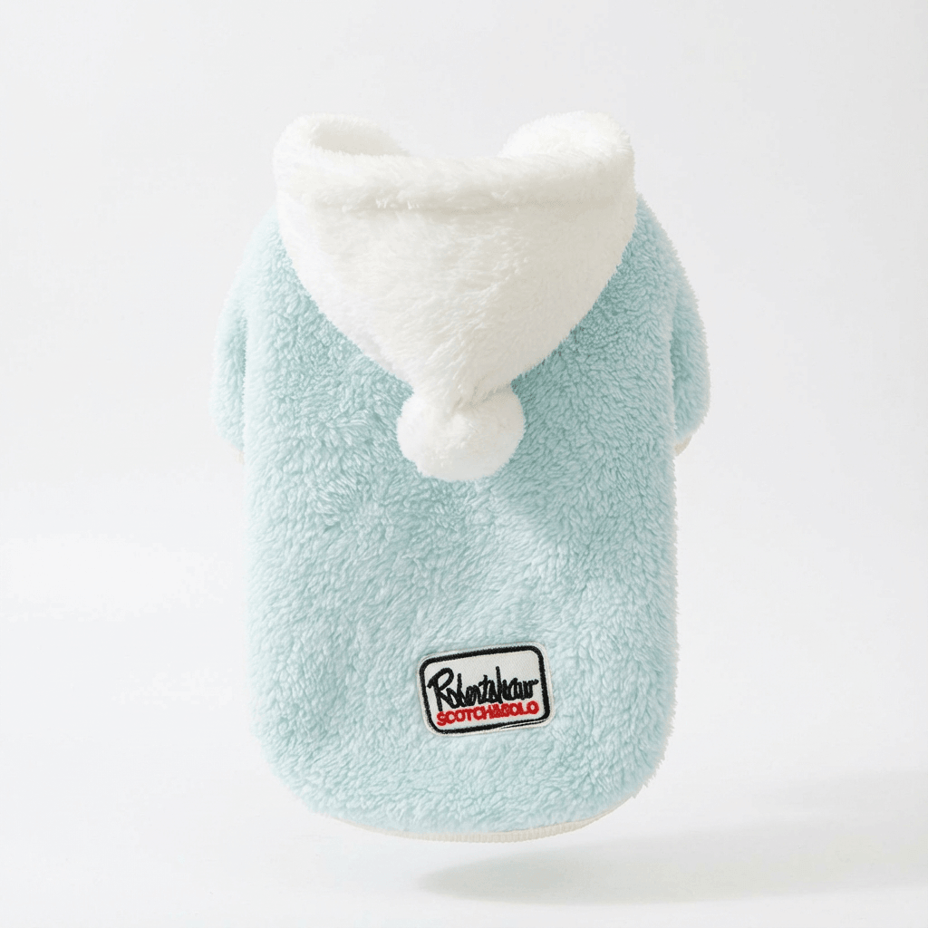Happy Faces Dog Hooded Sweater in soft blue, with hood and short sleeves, perfect for keeping pets warm, ideal for dogs and cats.