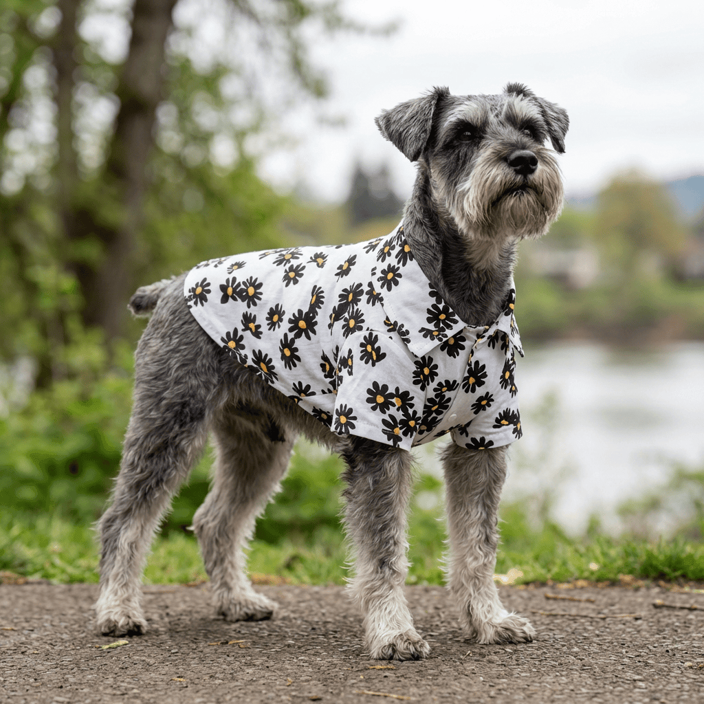 Hawaiian Print Beach Dog Shirt on a stylish dog, lightweight, breathable cotton for dogs & cats by brand name.