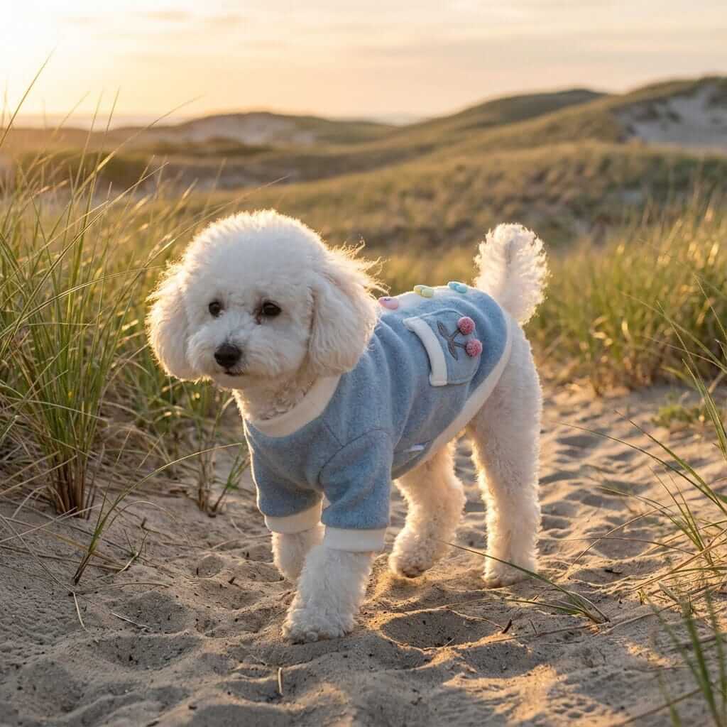 Heart And Flowers Dog Sweater on a dog, featuring floral embroidery, soft fabric and a lightweight feel in a scenic outdoor setting.