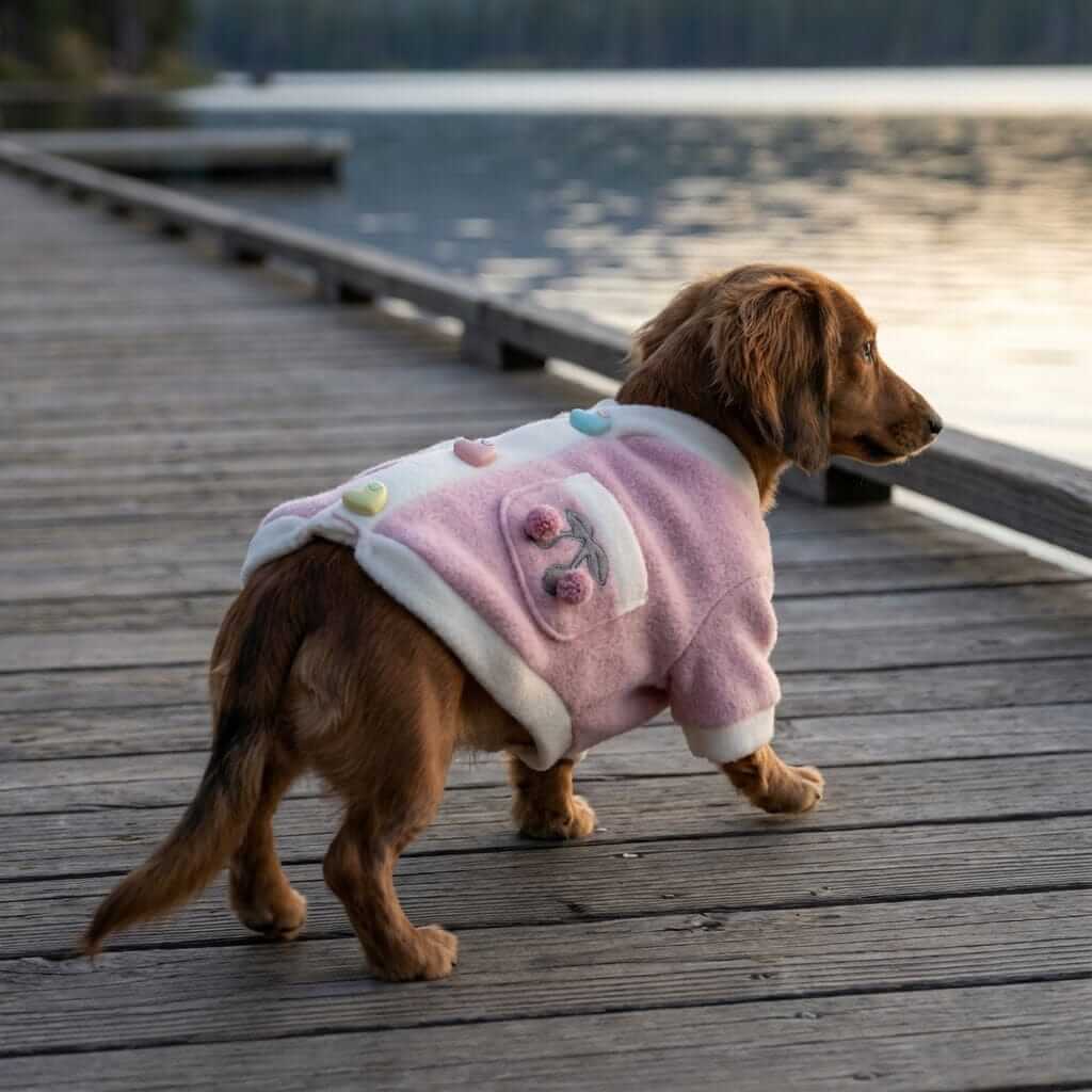 Heart And Flowers Dog Sweater on a dog by the lake, featuring floral embroidery and soft fabric for style and warmth.