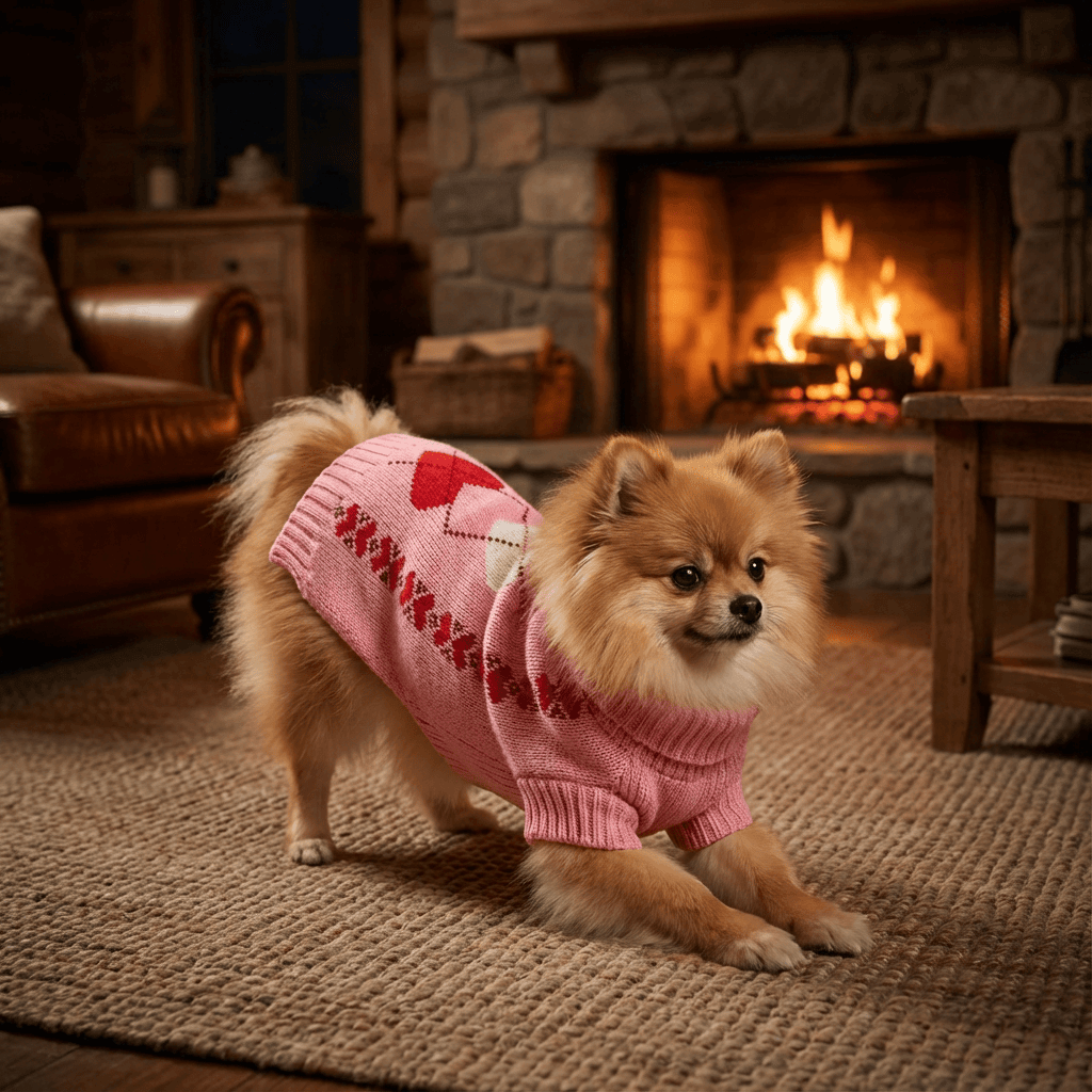 HeartBow Dog Sweater on a fluffy Pomeranian, featuring a charming heart pattern, perfect for pets from Dogs & Cats.