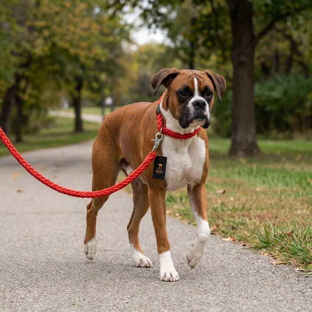 Heavy Duty Metal Clasp Braided Dog Leash in use with a Boxer dog on a walking path, showcasing durability and control.