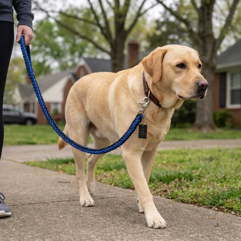 Heavy Duty Metal Clasp Braided Dog Leash in use with a Labrador retriever on a sidewalk outdoors.