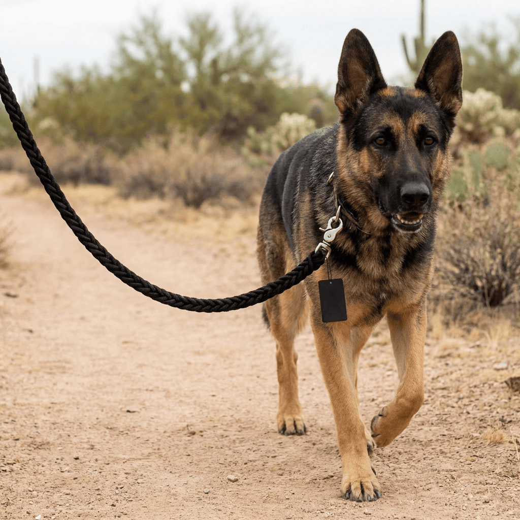 Heavy Duty Metal Clasp Braided Dog Leash attached to German Shepherd walking on a trail.