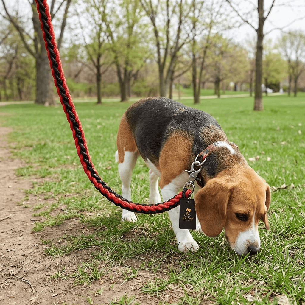 Heavy Duty Metal Clasp Braided Dog Leash with a beagle walking in a park.