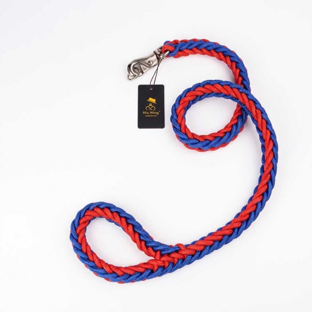 Heavy Duty Metal Clasp Braided Dog Leash in red and blue, perfect for controlling dogs and outdoor activities.