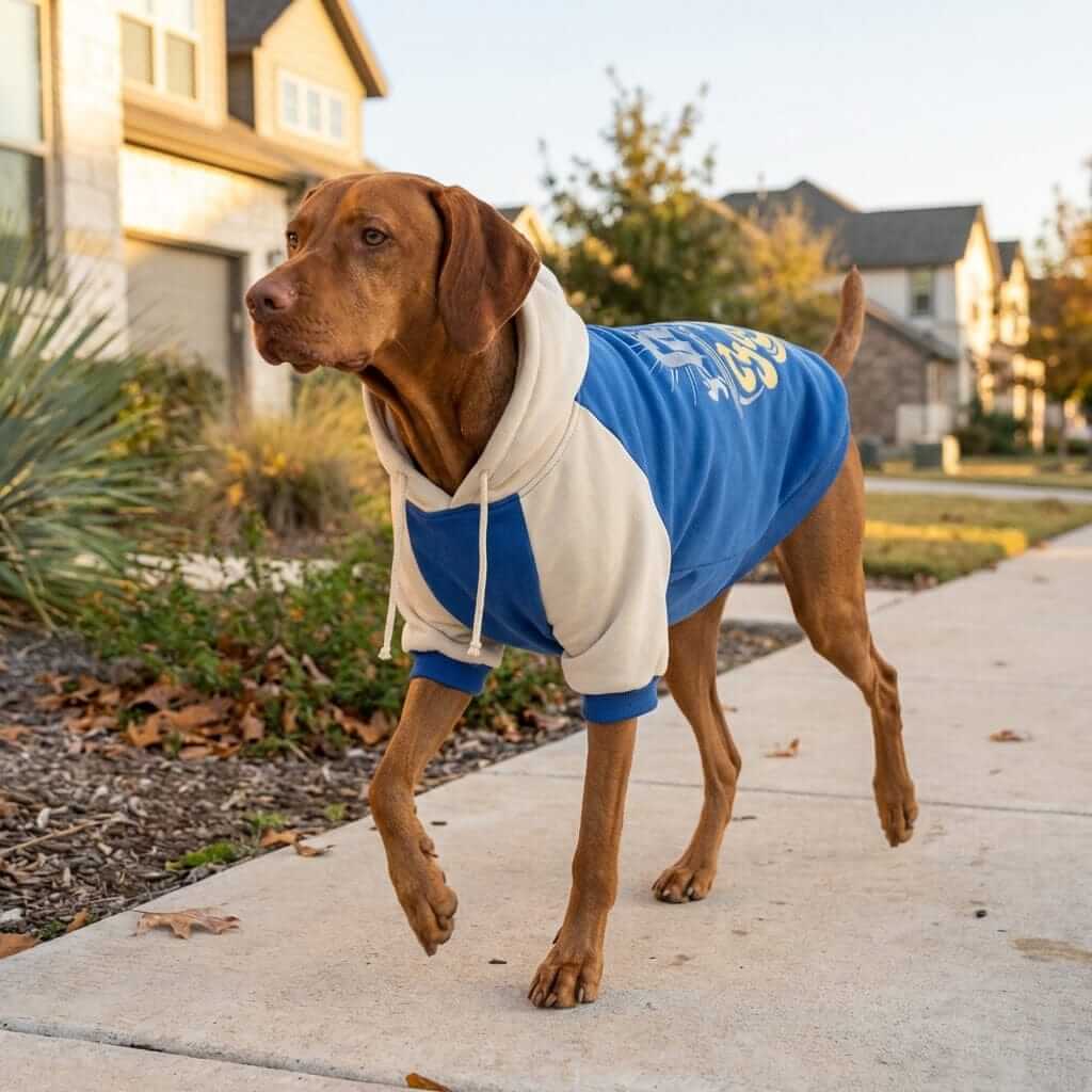 Heritage Block Dog Hoodie on a stylish dog walking outdoors, showcasing warmth and comfort for dogs from Dogs & Cats.