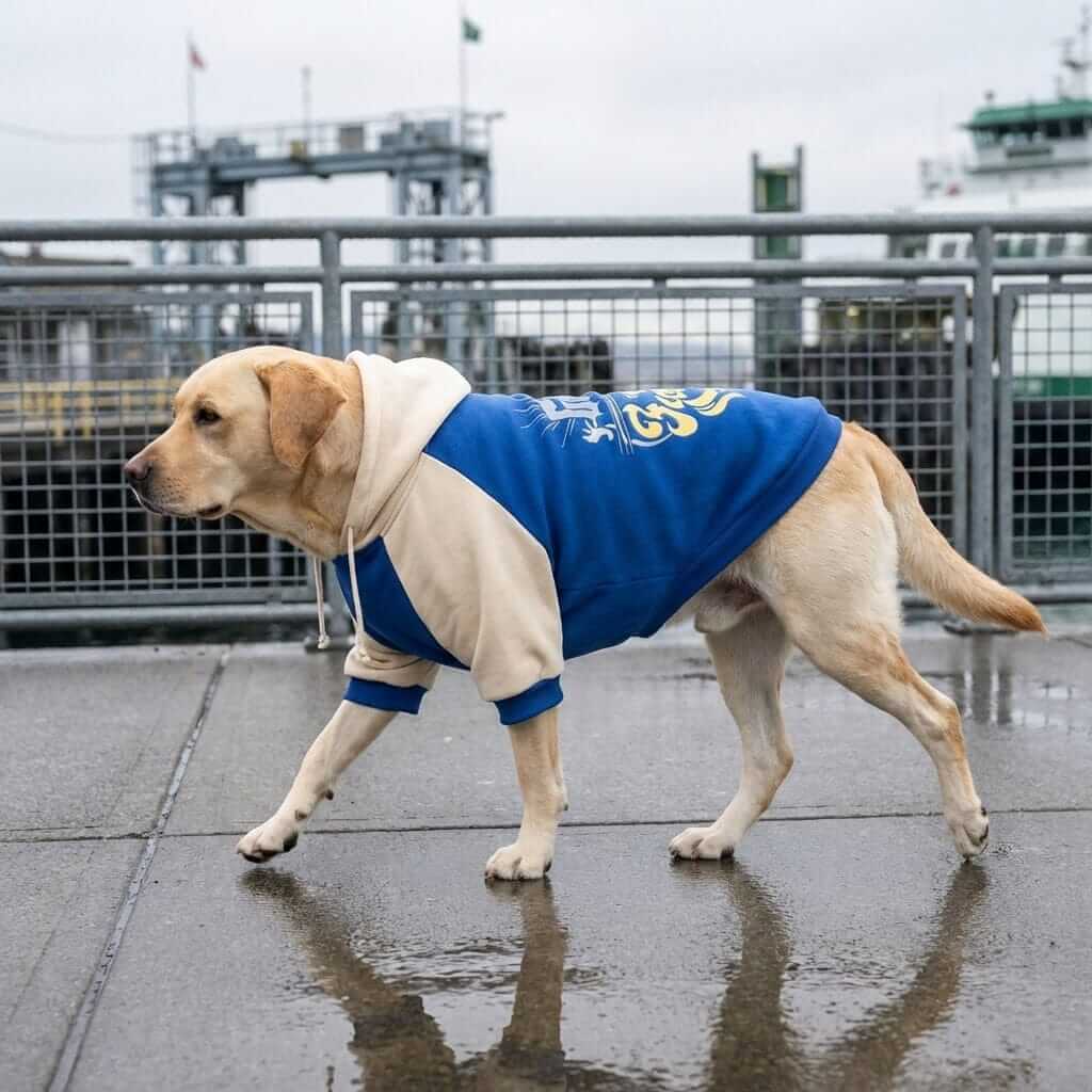 Heritage Block Dog Hoodie on a Labrador walking in the rain, featuring color block design and comfort from Dogs & Cats brand.