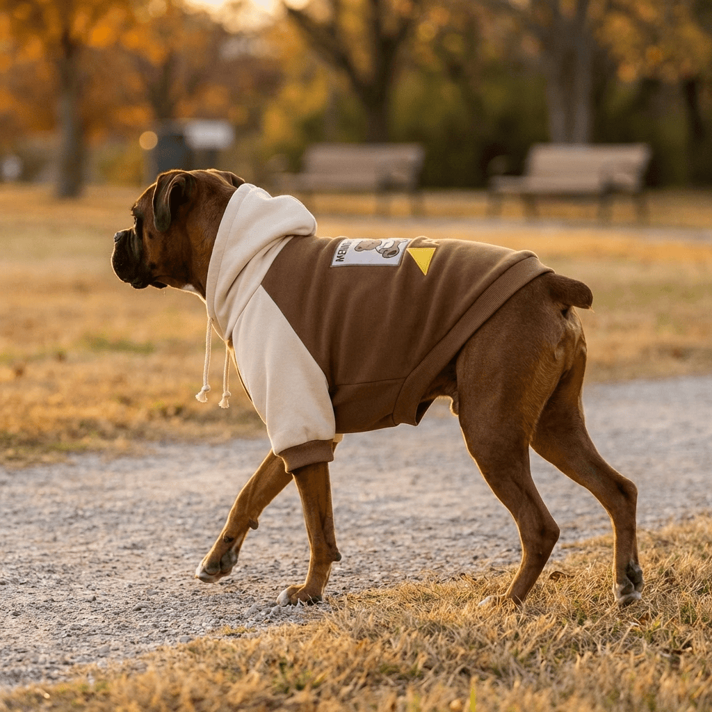 Heritage Block Dog Hoodie on a stylish dog, showcasing warmth, comfort, and flexibility for daily movement by Dogs & Cats.