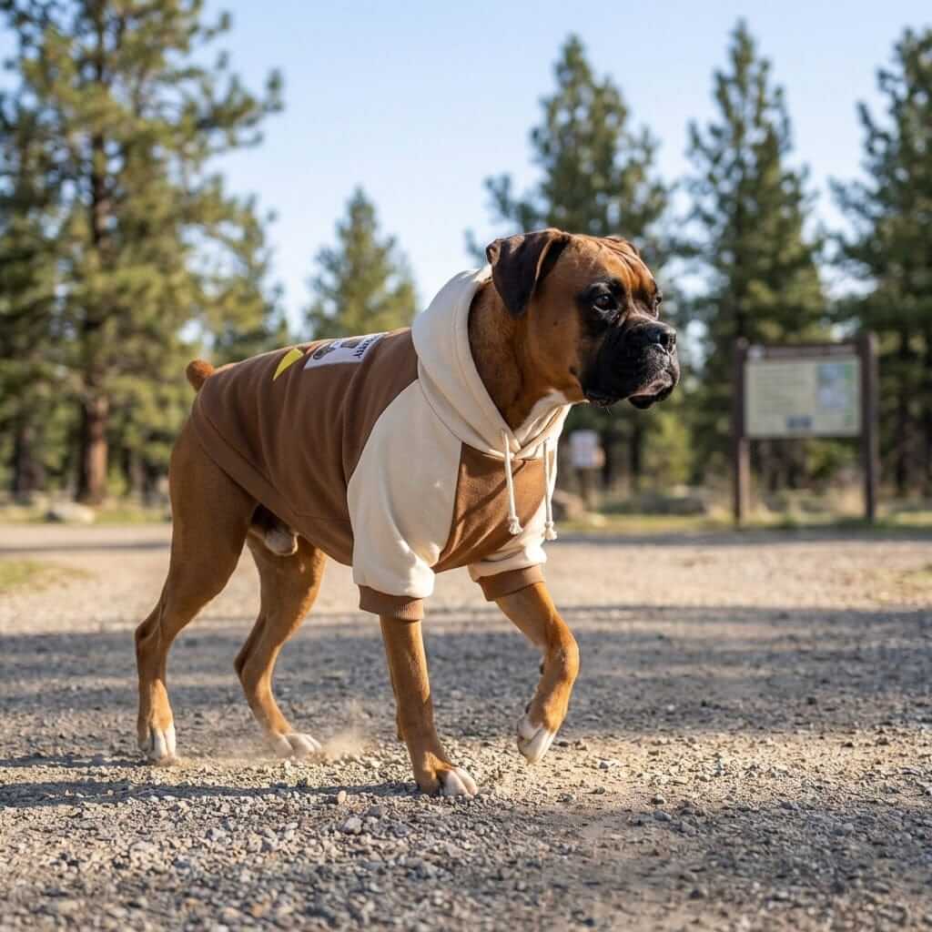 Heritage Block Dog Hoodie on a stylish dog, offering warmth and comfort, perfect for dogs & cats in cooler seasons.