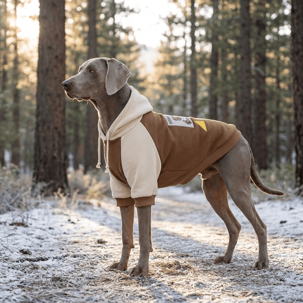 Heritage Block Dog Hoodie on a stylish dog outdoors, showcasing warmth, comfort, and flexibility by Dogs & Cats.