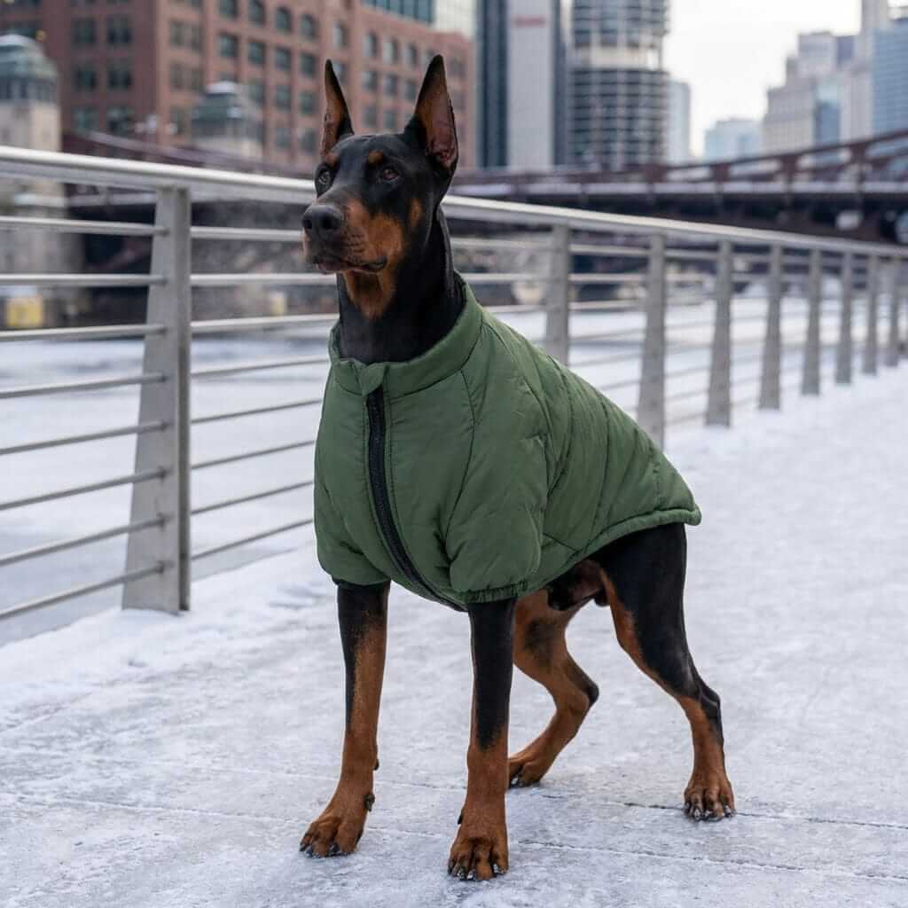 Heritage Quilted Winter Dog Jacket on a Doberman, featuring superior cold protection and stylish outdoor design.