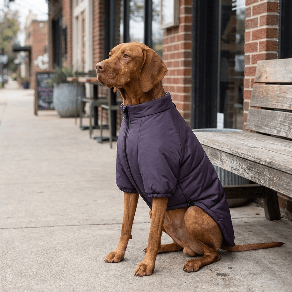 Heritage Quilted Winter Dog Jacket on a stylish dog, offering superior cold protection with classic outdoor style.