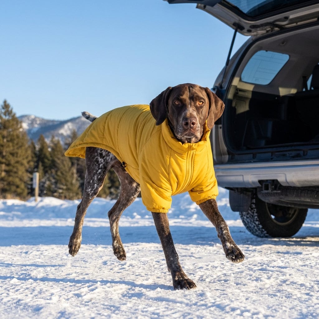 Heritage Quilted Winter Dog Jacket on a dog in a snowy landscape, featuring superior cold protection and stylish outdoor design.