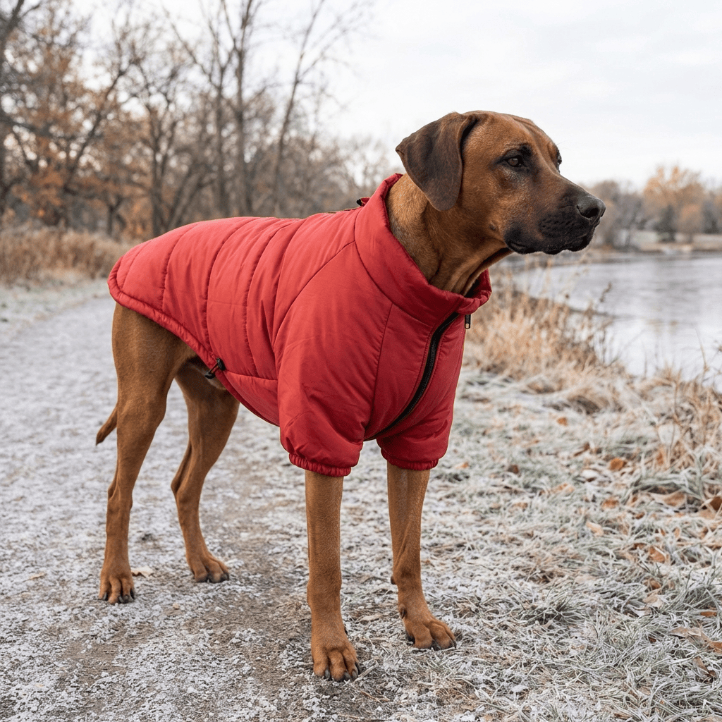 Dog wearing Heritage Quilted Winter Dog Jacket, providing warmth and style in cold weather, perfect for outdoor activities.
