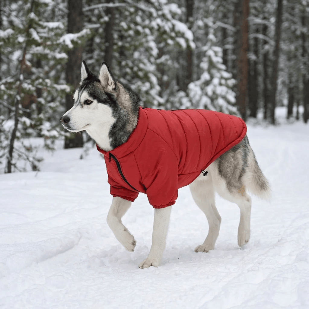 Heritage Quilted Winter Dog Jacket on a Siberian Husky features superior cold protection and stylish design for dogs.
