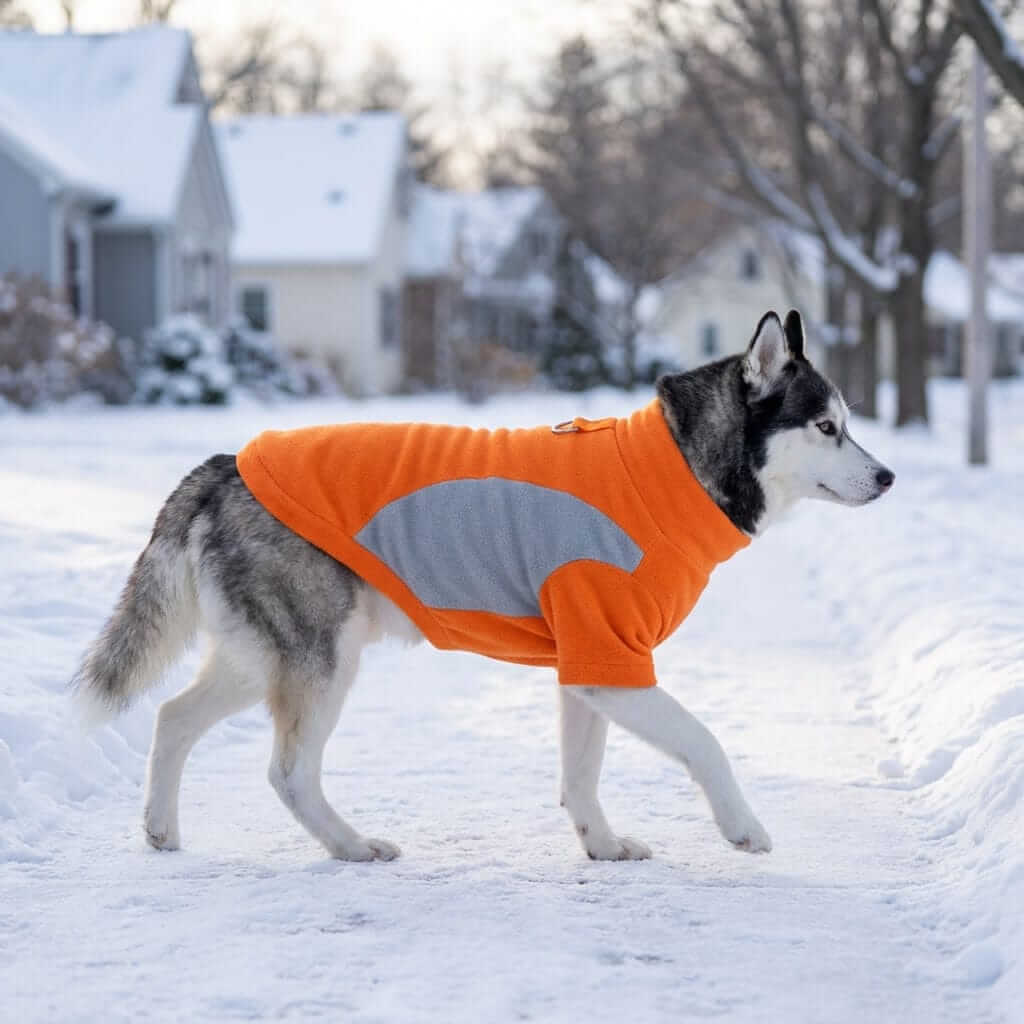 Heritage Thermal Dog Sweatshirt on a Husky in snow, featuring warm fleece, stylish design, by Dogs & Cats.