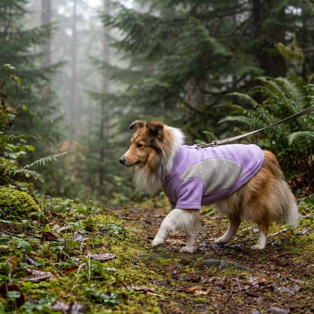 Heritage Thermal Dog Sweatshirt on a Collie walking in a misty forest, showcasing warmth and comfort for dogs.