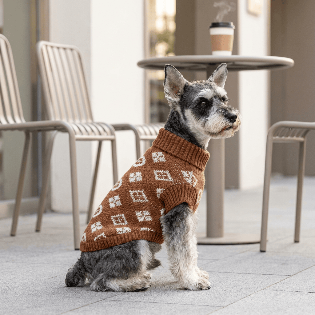 High-Neck Dog Sweater on a dog, cozy warm design for dogs & cats, featuring sophisticated high-neck style.